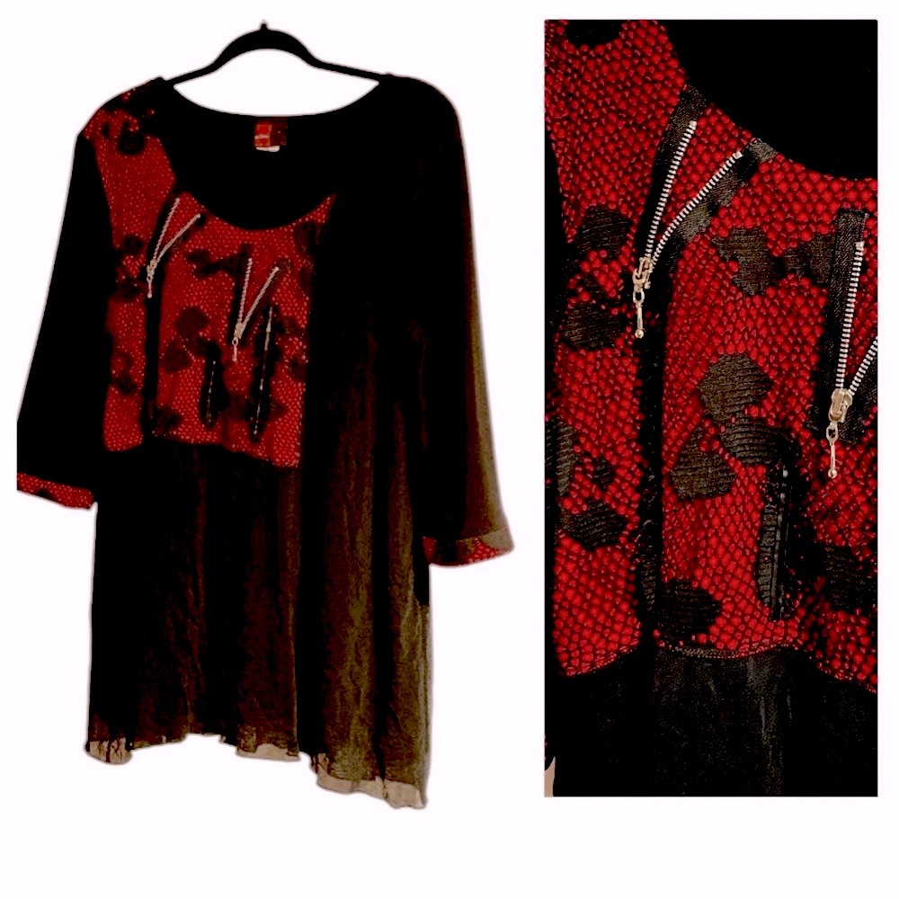 VIN ROUGE Black & Red Top w/ Mesh & Zippers!!! Stretchy! Plus Size 2X